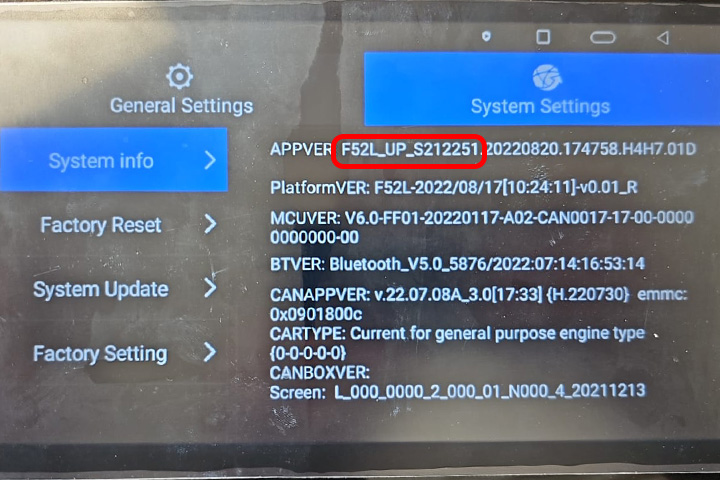 Konfirmasi : Car Setting > System Info